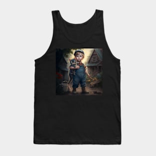 Young boy in his denim coveralls carrying his cat. Tank Top